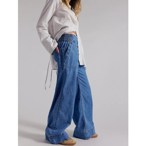 Free People We The Free Breezy Denim Pull On Wide Leg Jeans Size Large - Picture 2 of 11